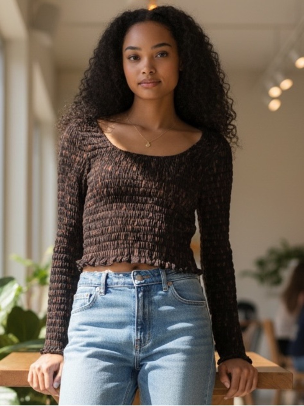 Open Edit ruched,‎ smocked long-sleeve crop top NWT